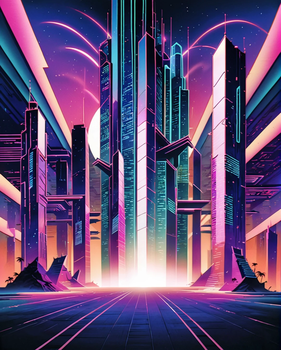 An illusory scene where a 24th-century Saudi Arabian woman in traditional attire explores a dystopian, lo-fi cityscape that merges with the desert. The city is filled with retro 70s aesthetics, with futuristic elements and Chinese pavilions intertwined. Coconut trees sway under a sky filled with strong psychedelic colors, creating a collage of vibrant and surreal imagery. The ocean reflects the neon lights of the city, and the English title "Future's Mirage" is stylized in a distressed and retro-future font, floating above the scene.