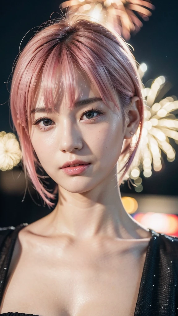 Model actress、One Woman、cool、Japanese and half European、Close-up of face、30 generation beauty、Realistic Skin、4K images、bright pink hair、Short Hair、The background is blurred fireworks.、night