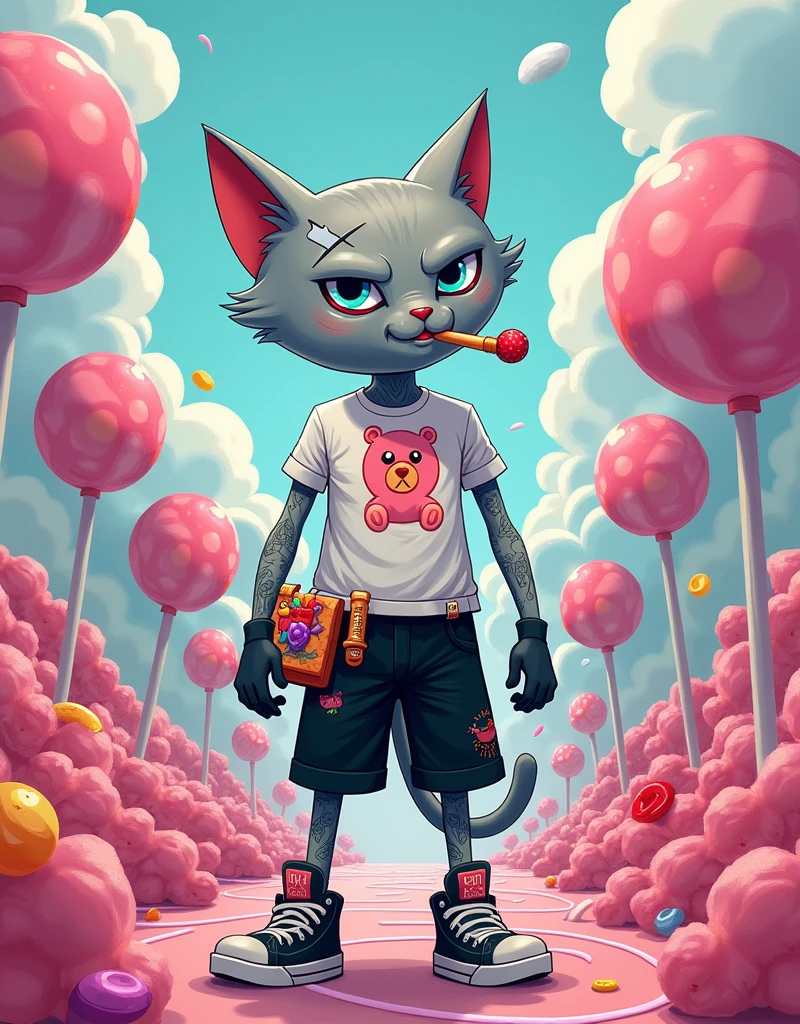 Create a male light gray skinny humanoid cat, he has a cut on his eye, the ear has a tear at the tip, wearing a ripped white blouse with a pink teddy bear print, Nike high top sneakers, black gloves with fingers showing, a lollipop holster that carries candy, A long pair of black Bermuda shorts, light blue eyes with red, he has an angry and crazy expression, Ele tem uma cara de nuts, he has some tattoos on his body, wears a black backpack and smokes a cigarette made of candy. The background should be a candy forest, the character HAS A CRAZY FACE, nuts. O estilo de arte deve ser o estilo Cartoon Adventure Time.