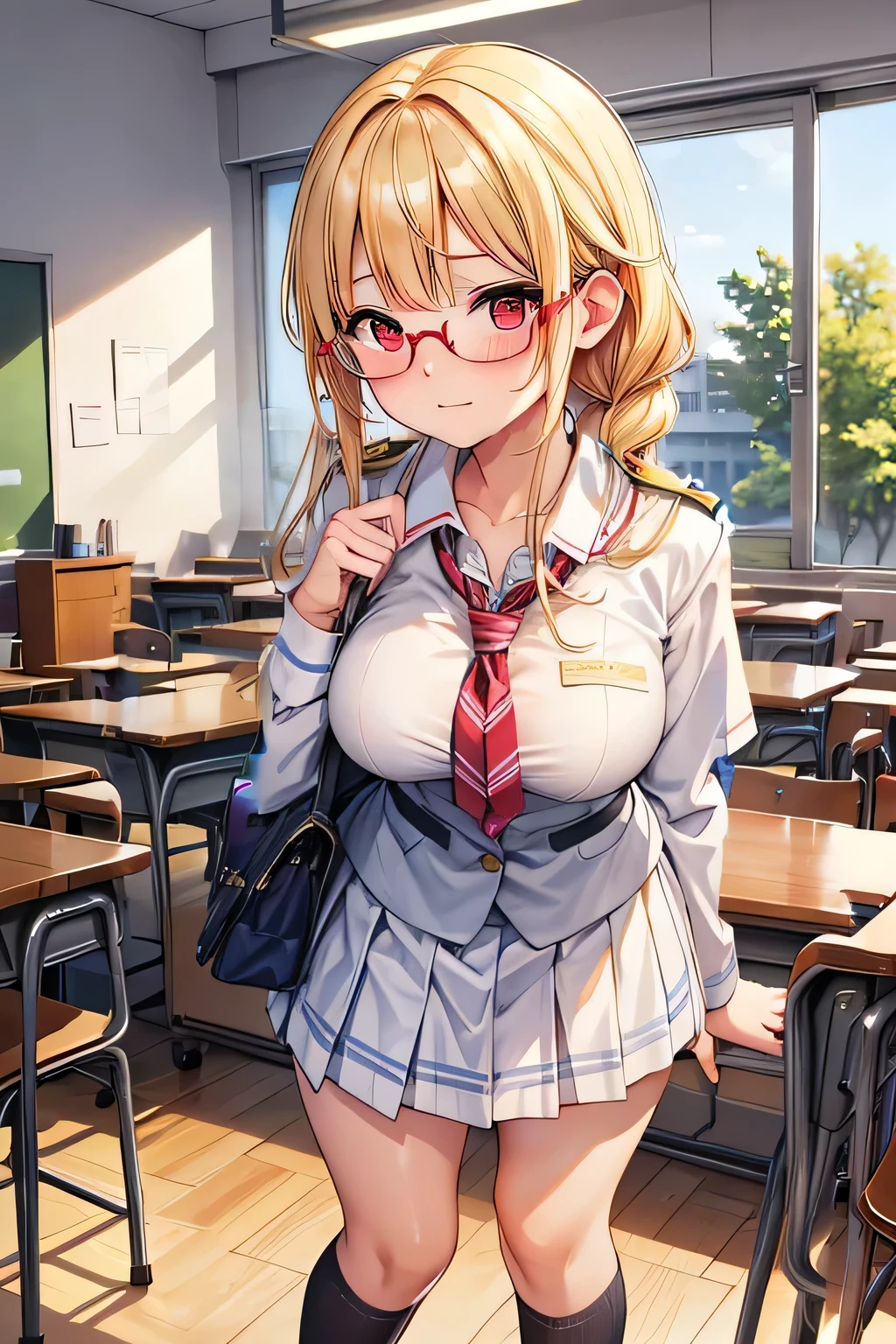 masterpiece, best quality, highres, sa1, glasses, school uniform, white shirt, plaid skirt, open shirt, red black lingerie bra, brests