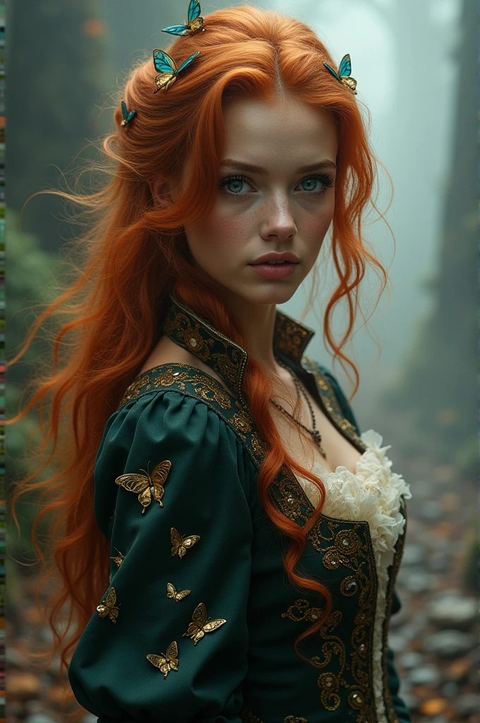 (solo, full body photo:1.3), (action packed:1.3), (haze, fog, mist:1.3), chiaroscuro, best quality, photorealistic, 1woman, (cute), (24yo:1.2), redhead, long ginger hair highly detailed, 1700'S, digital photography, art by artgerm and ruan jia and greg rutkowski surreal painting gold butterfly filigree, broken glass, (masterpiece, sidelighting, finely detailed Fashionable eyes: 1.2) (perfect oval large eyes that gazes at the viewer), beautiful detailed face, blue gorgeous perfect eyes, (blonde hair ponytail), (attractive young woman:1.3), (thick amazing hair), (seductive:1.1), (blushing:1.1)