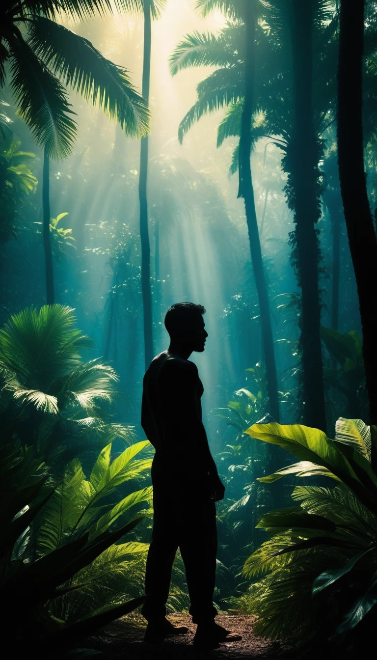 realistic photography,A figure,silhouetted against the vibrant, fresh glow of an tropical forest,stands defiant. The stark contrast between the figure and the vivid,threatening environment delivers a strong visual impact.,