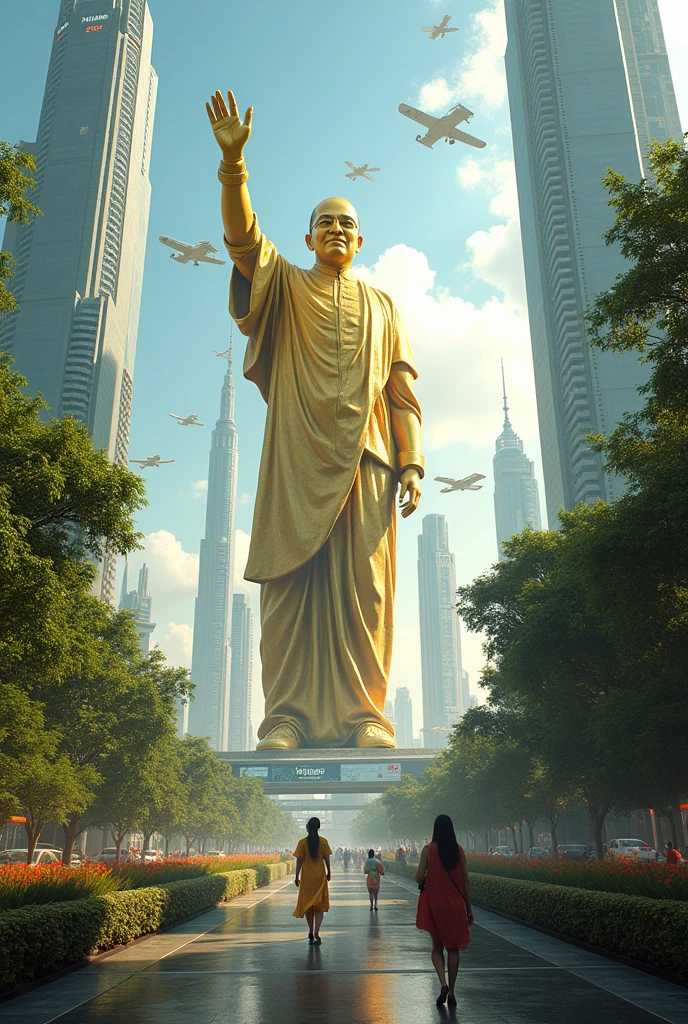 Create a futuristic cityscape of Bangladesh in the year 2140. Central to the scene is a massive, golden statue of Dr. Muhammad Yunus, towering over the city. The city features advanced, sleek skyscrapers, flying vehicles, and lush green spaces integrated into the architecture. The statue is intricately designed with futuristic elements, including holographic projections and glowing effects. The overall atmosphere is bright and optimistic, with people in futuristic attire interacting with advanced technology."