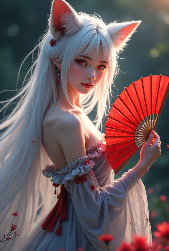 a beautiful girl with loose white hair with red streaks, With fox-like eyes, the same color as her hair, wearing a grey dress with touches of red and a red fan 