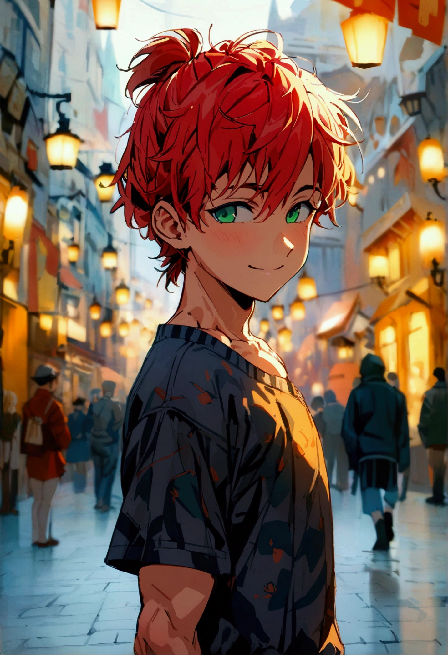 handsome 18 years old 1 boy with red medium hair and lower short ponytail, green eyes, male, muscles, standing on the European city street, nude, nipples, erection, detailed penis, beautiful legs, smile, masterpiece, 8k, high quality, japanese animation style, full body, view from below