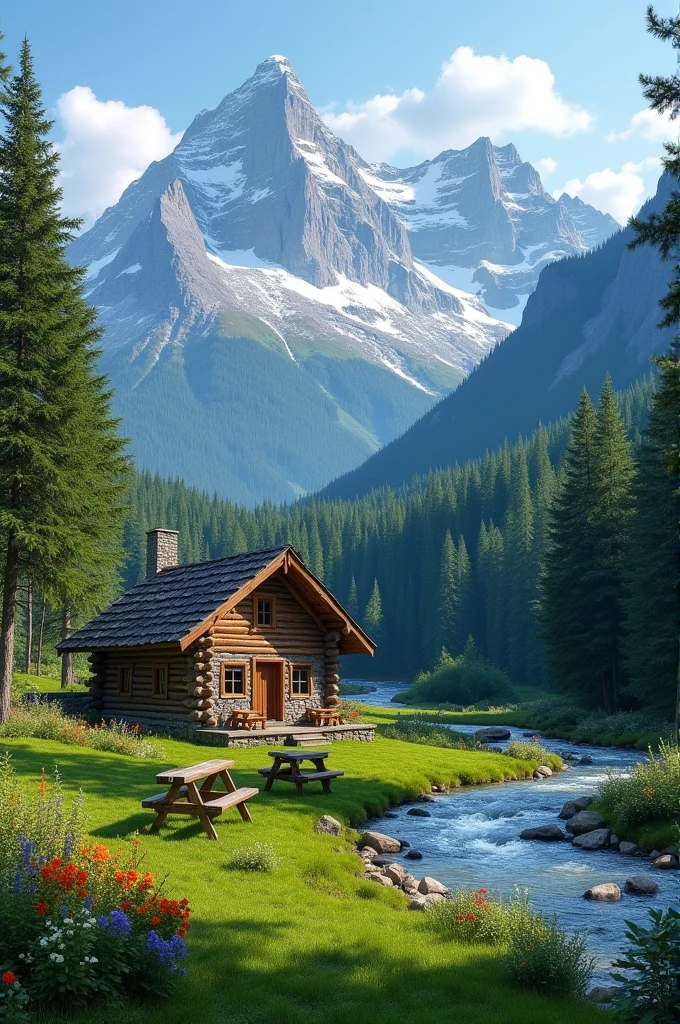 A realistic image of an isolated forest with mountains, River, Hut with Wood logs, Fireplace, lawn, benches, birds, flower bed