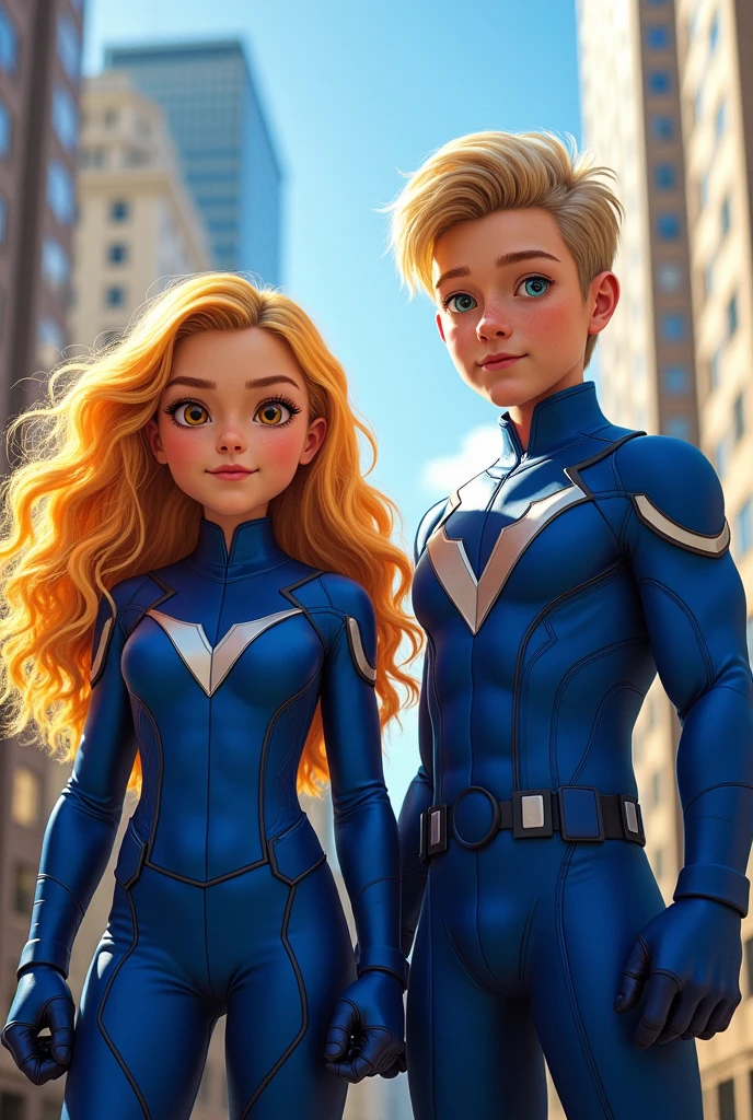 Crie uma imagem que mostre wool Storm e Johnny Storm juntos como membros de um quarteto. wool, A young blonde girl of 15 with honey-colored eyes, She wears a blue uniform with the 'V' emblem on her chest. Johnny, with a face similar to actor Jacob Tremblay, blonde hair and light blue eyes, He wears an identical blue uniform, But with the 'F' emblem on his chest. They are side by side in a confident and heroic pose, ready for action. The background scene can be a modern city, Highlighting the unity and strength of the two characters as part of the same team."