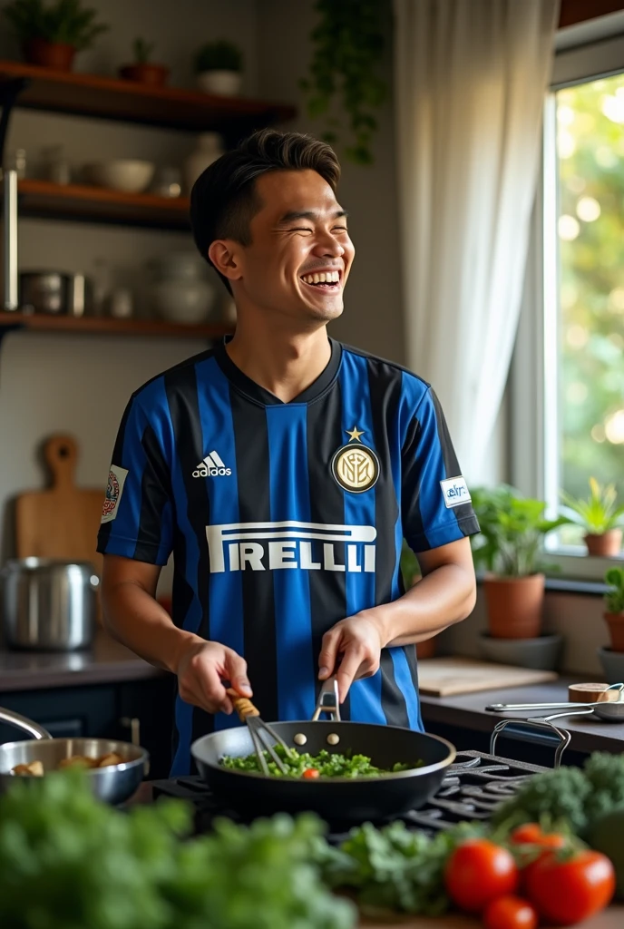 real photo. young man Indonesian face. wearing an Inter jersey, the expression was laughing out loud. is sautéing kale vegetables in the pan. kitchen atmosphere. real life Ultra-realistic 8K photograph, shot with a Leica Q2, strong color contrast and sharp clarity --ar 9:16 --quality 2 --