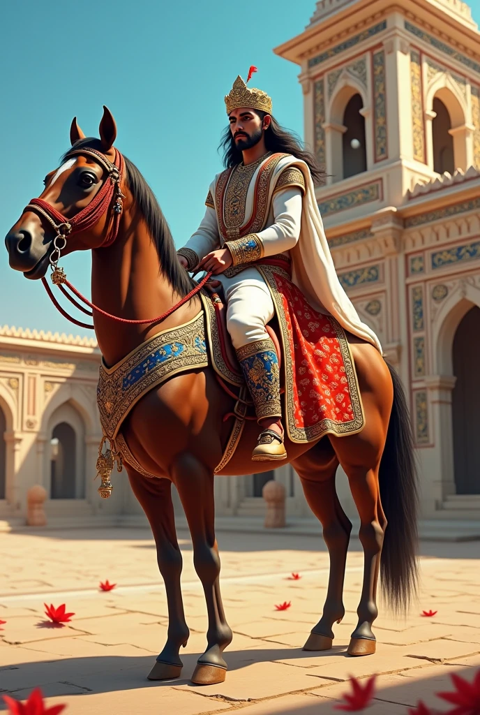 A Rajput king riding on horse, he is wearing white red blue dress, background midiyam size mantion, 2d potrait images by sides