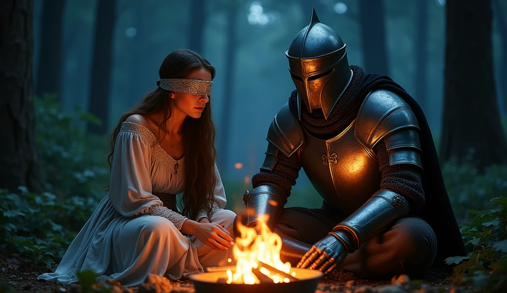 Draw a picture of two people:a blindfolded in your eyes woman and a 
men knight helmet, sitting by a fire at night in a forest. fantasy, middle-earth, draw,