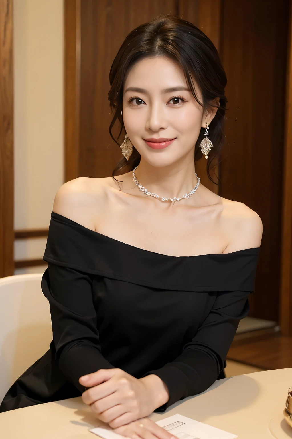 Off the shoulder, 40 years old, Japan Beautiful Woman, Big earrings, Big choker, bracelet, beautiful銀髪, Realistic, Gorgeous Madame, beautiful, sexy, smile, high quality