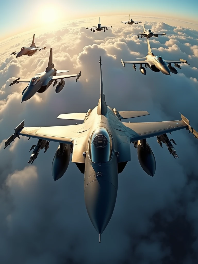 high resolution, best quality, backlit, Side corners, Masterpiece, precise, damaged, โมเดลhigh resolution, Highly detailed, high resolutionสุด, The F-16 fighter jet is flying in the air., There are bombs around the squadron of planes,film lighting, film lighting, depth of field, glare, Look up, fisheye lens,