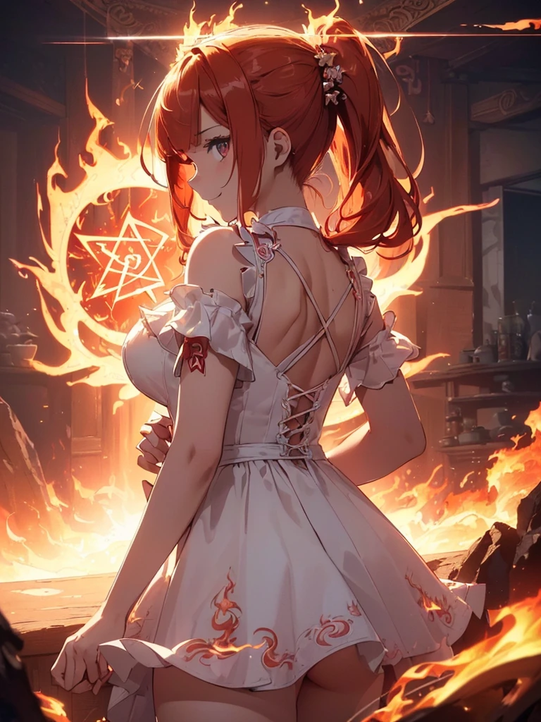 (((best quality, sharp image, clear image, cinematic lighting, 8k resolution, masterpiece, ultra detailed, intricate))) Girl, (((looking over left shoulder))), (shot from behind), ((half shot)), fiery red hair, pigtails, ((white dress)), ((flaming sigils, flaming runes)), spiky rock formations, (flaming lotus flowers frame), (intricate background), ((Phoenix)), (swirling flames), smiling