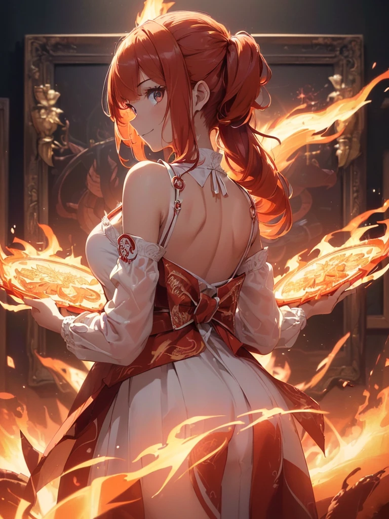 (((best quality, sharp image, clear image, cinematic lighting, 8k resolution, masterpiece, ultra detailed, intricate))) Girl, (((looking over left shoulder))), (shot from behind), ((half shot)), fiery red hair, pigtails, ((white dress)), ((flaming sigils, flaming runes)), spiky rock formations, (flaming lotus flowers frame), (intricate background), ((Phoenix)), (swirling flames), smiling