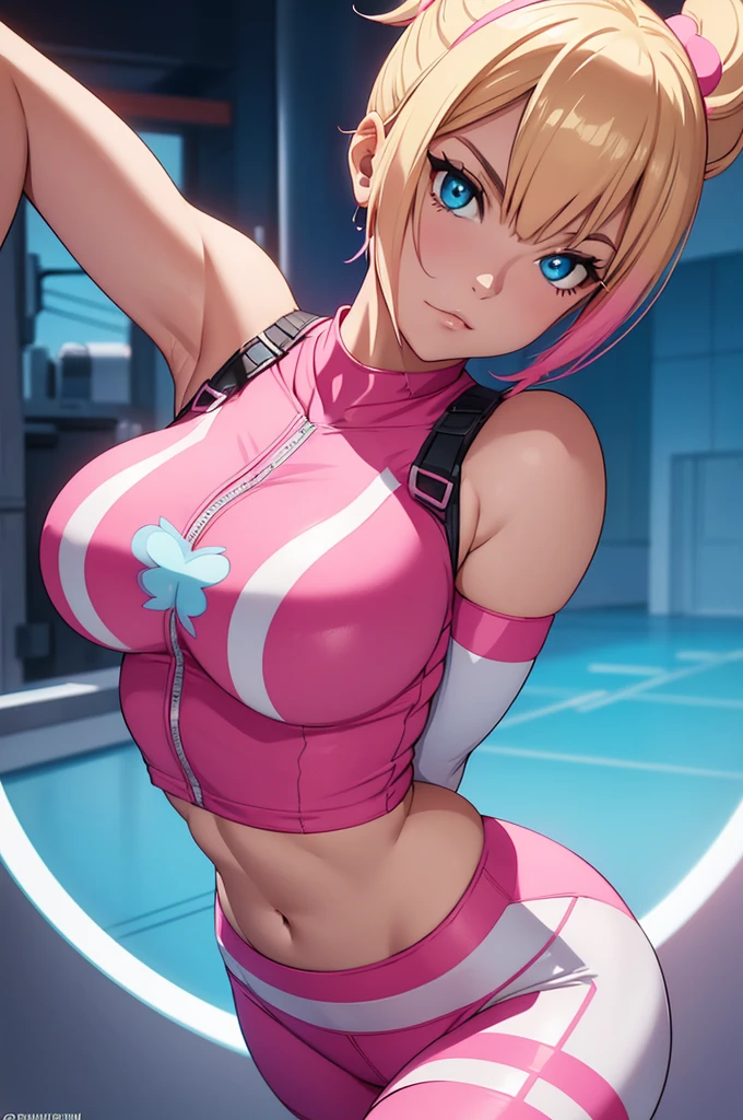 Create an image of Gwenpool from Marvel, depicted as a cute girl with short blonde hair featuring pink highlights. She has striking blue eyes that are perfectly detailed, radiating confidence and playfulness. Her outfit consists of a tight crop top that flatters her athletic physique, paired with short pink gym shorts that highlight her toned legs, and sport leggings that enhance her overall sporty look. Her body is portrayed with perfect curves, exuding a sense of strength and femininity. The outfit is girly yet practical, combining elements of style and function. The image should capture every detail flawlessly, from the vibrant colors of her hair to the texture of her outfit, ensuring that the visual is captivating and aesthetically perfect. Render the image in 8K resolution to maximize the quality and impact, making it the best possible representation of Gwenpool with no faults or imperfections.