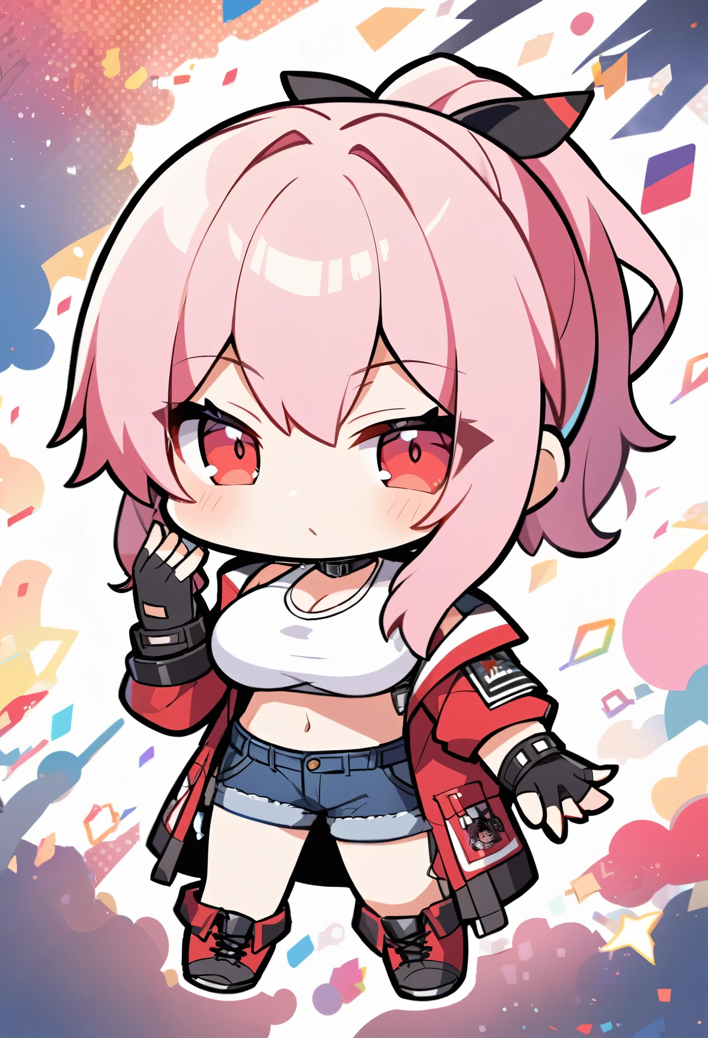Chibi, solo, pink hair, red eyes, large breasts, white top, open red jacket, navel, jeans shorts, army boots, fingerless military gloves, ponytail hair,