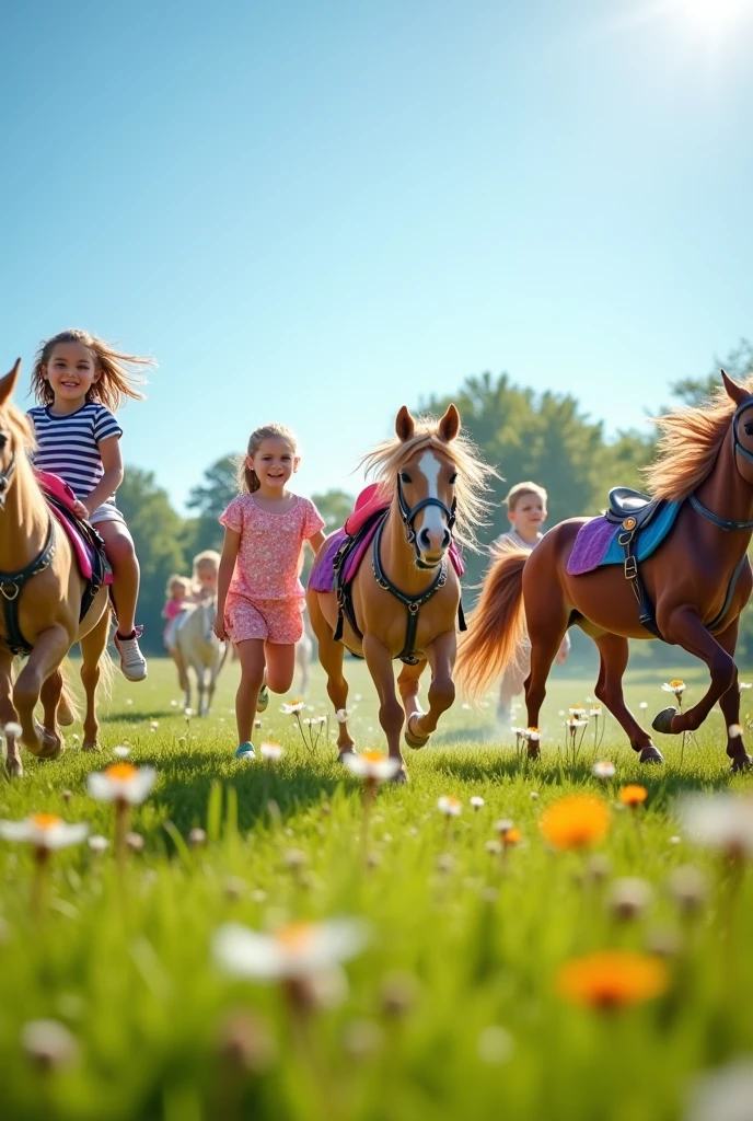 Children playing with ponies