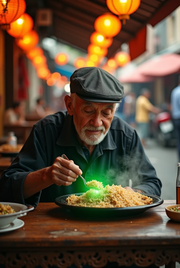 The old man ate chicken rice with nuclear [ingredient].