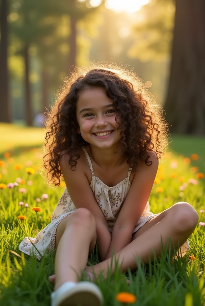 A brunette girl with curly hair and big breasts sits with her legs stretched out, taking a realistic photo