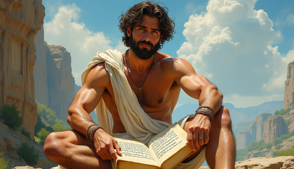 A male stoic philosopher with a well-proportioned and attractive physique, not excessively muscular. He is wearing classic tunics, slightly transparent, that gently drape over his body, subtly revealing parts of his shoulder, with a very short and well-groomed beard, and wavy, well-stylized hair. The philosopher is sitting calmly with a contemplative expression, holding a scroll with Seneca’s quote, ready to impart wisdom on accepting reality. The scene is set in a vibrant, impressionist landscape with rich colors and dynamic brushstrokes, creating a sense of movement and emotion. The background has a subtle texture that adds depth but complements the text without overpowering it.