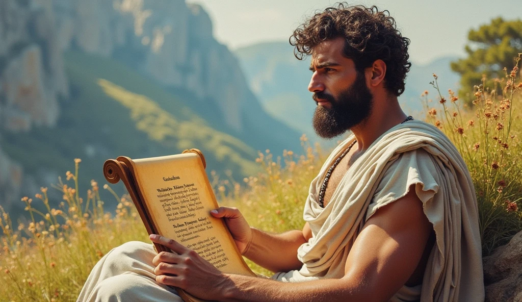 A male stoic philosopher with a well-proportioned and attractive physique, not excessively muscular. He is wearing classic tunics, slightly transparent, that gently drape over his body, subtly revealing parts of his shoulder, with a very short and well-groomed beard, and wavy, well-stylized hair. The philosopher is sitting calmly with a contemplative expression, holding a scroll with Seneca’s quote, ready to impart wisdom on accepting reality. The scene is set in a vibrant, impressionist landscape with rich colors and dynamic brushstrokes, creating a sense of movement and emotion. The background has a subtle texture that adds depth but complements the text without overpowering it.