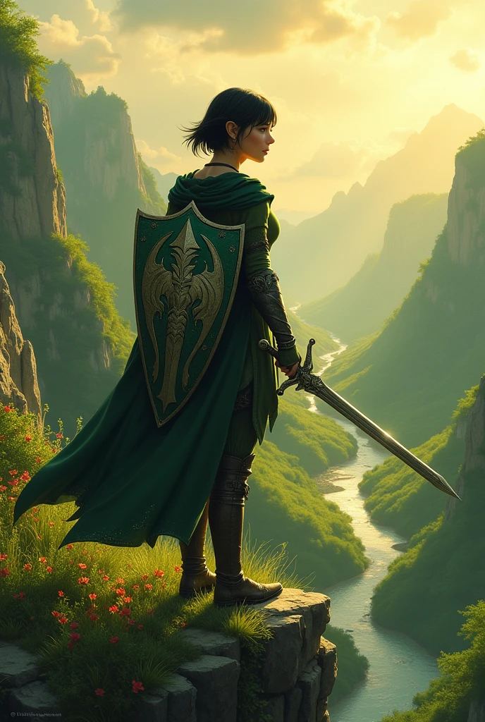 Elfa warrior with short black hair
Wearing a kite shield and a sword
Of noble lineage looking down at a valley