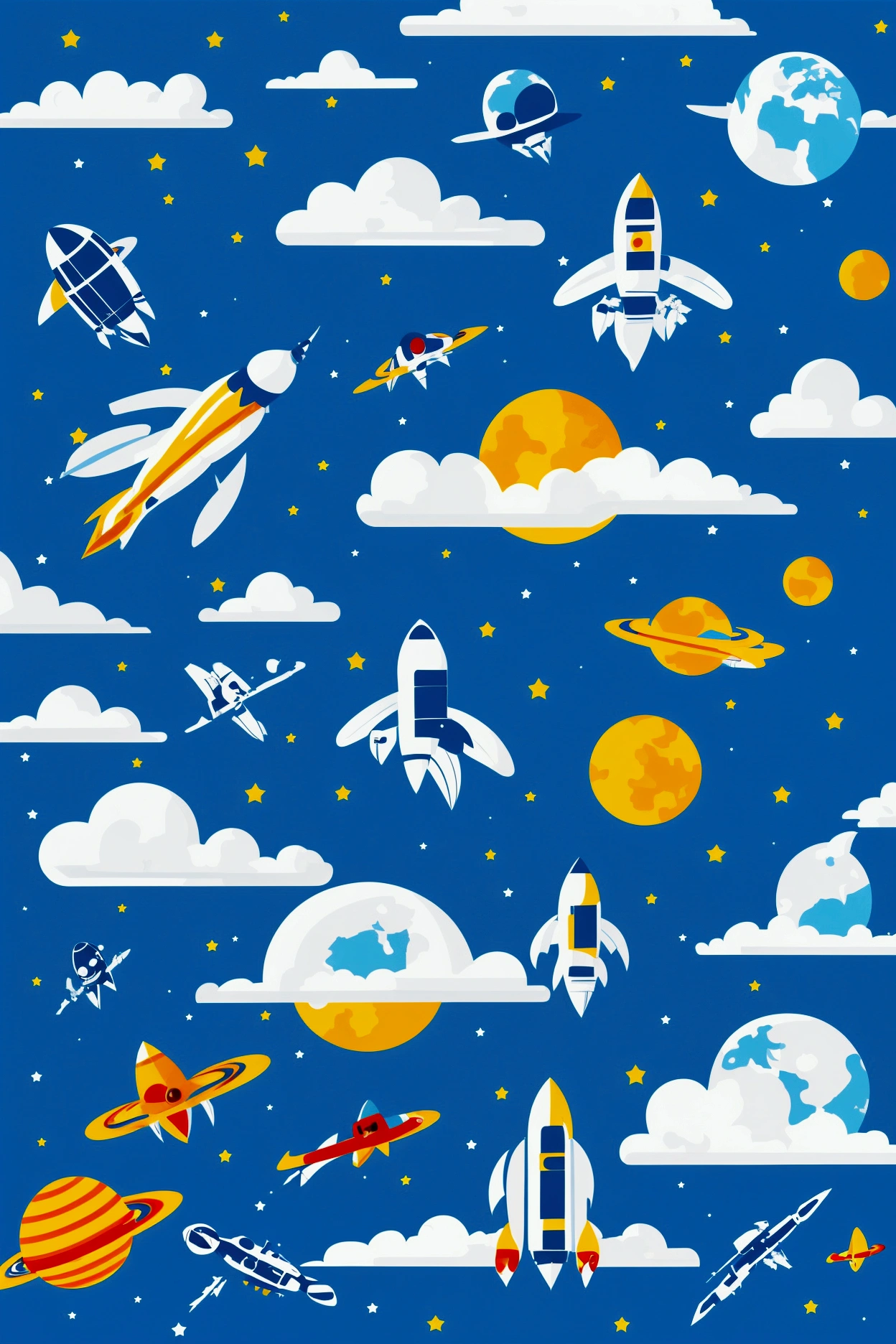 Create vector commerical style modern easy space and planets and rocket and cosmonauts. High quality 