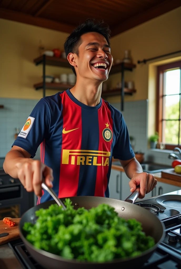 real photo. young man Indonesian face. wearing an Inter jersey, the expression was laughing out loud. is sautéing kale vegetables in the pan. kitchen atmosphere. real life Ultra-realistic 8K photograph, shot with a Leica Q2, strong color contrast and sharp clarity --ar 9:16 --quality 2 --