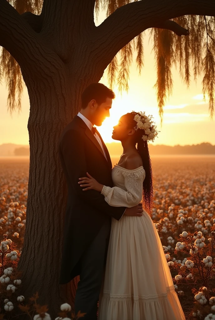 Create a picture of the 1800s, a romance between a high-society white man and a slave, black girl.