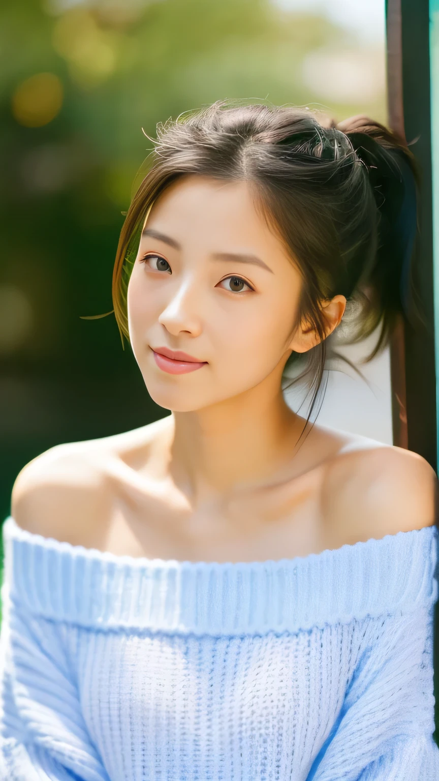 One Japan、50 talents、Portrait Photography、No makeup、Showing the forehead、Her hair is tied up in a ponytail、She is wearing an off-the-shoulder summer sweater