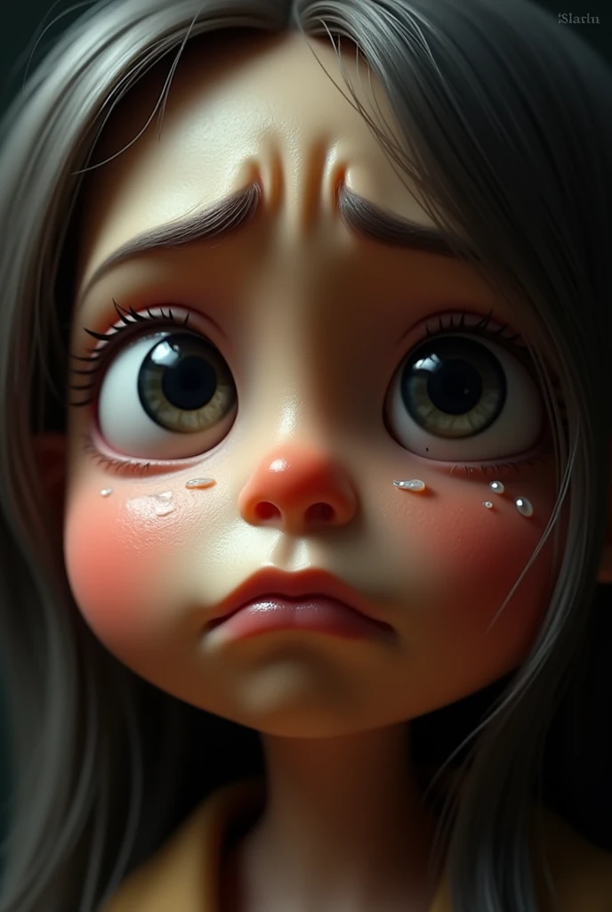 Design a hyper-realistic sad emoji with a drooping frown and expressive eyes filled with sorrow. The skin should have a soft, almost human-like texture, with tears slowly rolling down the cheeks. The emoji's eyes should be glossy, with a subtle reflection of light. The lighting should create a somber mood, with shadows emphasizing the depth of the sadness."