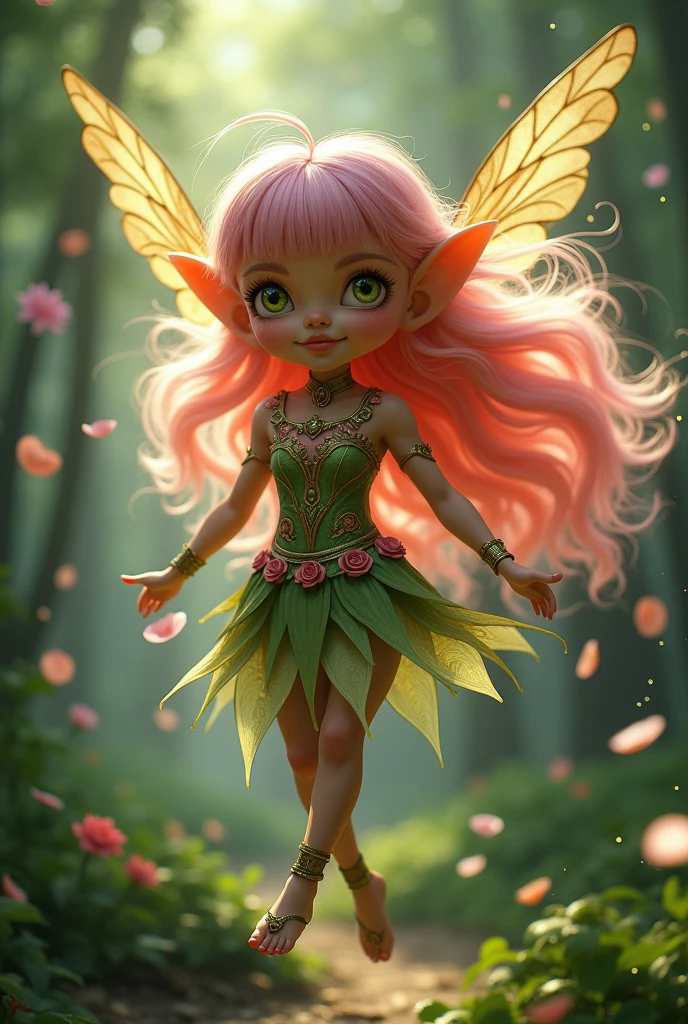 A beautiful woman with wings Pink Hair Long, blunt hair
Yellow, large eyes uniform Fairy ears