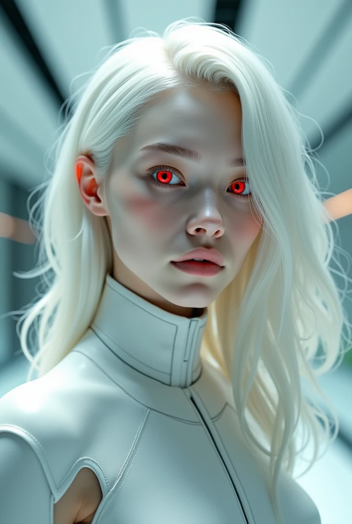 Profile of a forward-thinking albino with pale skin, Platinum white hair, Red eyes, MALE handsome face,  is man, the eyebrow is white 
