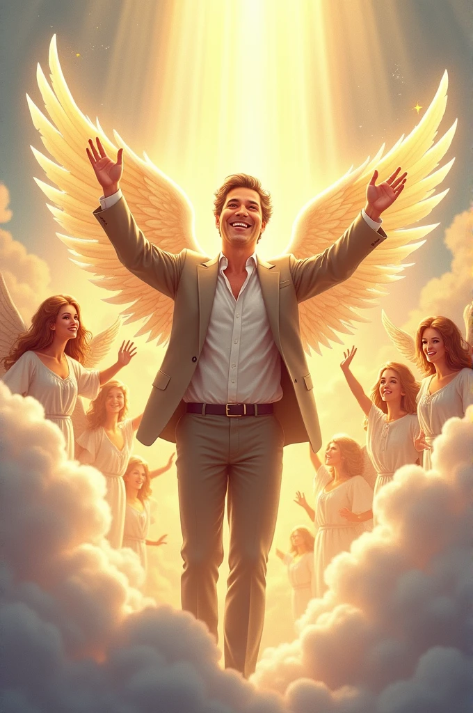Create an image of the presenter Silvio Santos arriving in heaven and being embraced by angels.