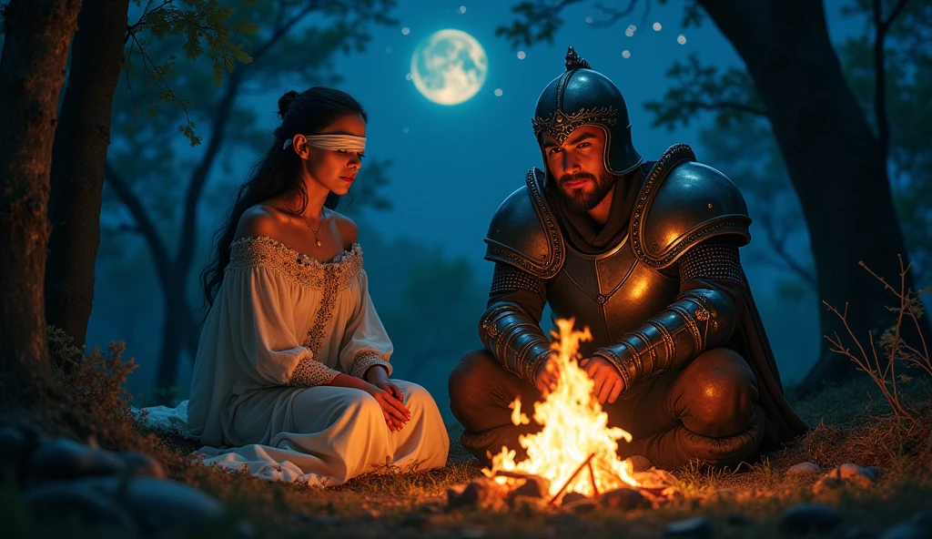 Draw a picture of two people:a blindfolded in your eyes woman and a 
men knight helmet, sitting by a fire at night in a forest. fantasy, middle-earth, draw,