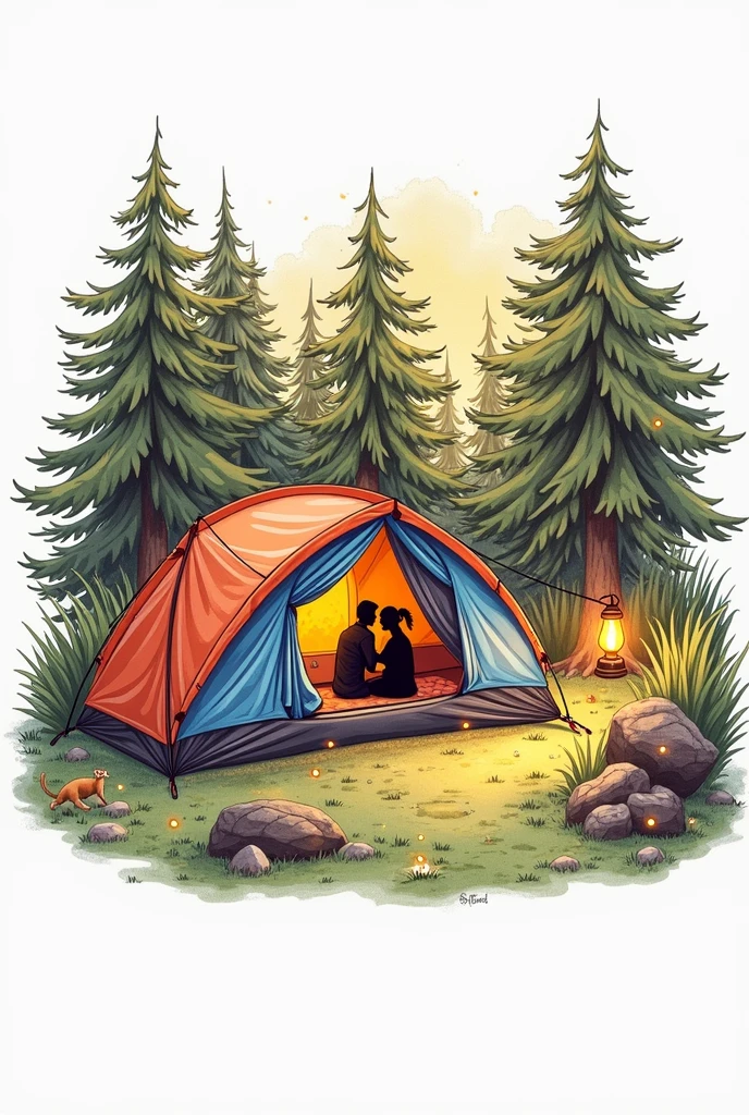 A camping tent set up at a campsite,Silhouettes of a man and woman hugging are reflected in the tent.,