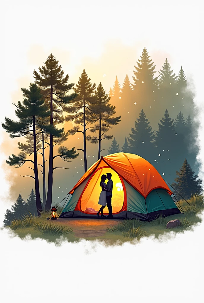 A camping tent set up at a campsite,Silhouettes of a man and woman hugging are reflected in the tent.,