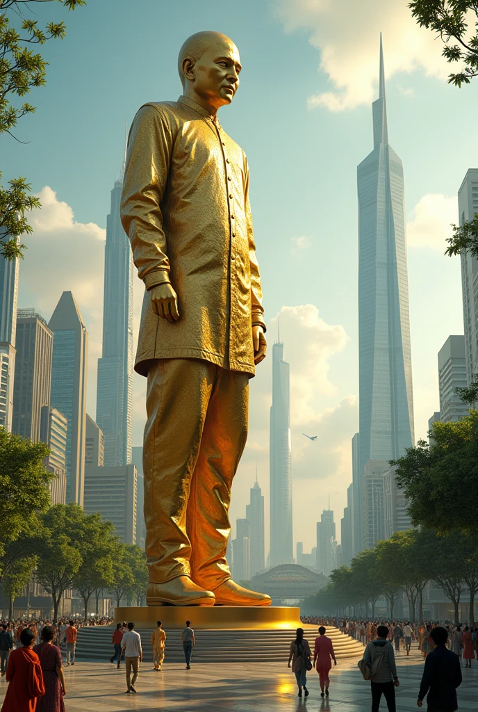  Create a futuristic cityscape of Bangladesh in the year 2140. Central to the scene is a massive, golden statue of Dr. Muhammad Yunus, towering over the city. The city features advanced, sleek skyscrapers, flying car, and lush green spaces integrated into the architecture. The statue is intricately designed with futuristic elements, including holographic projections and glowing effects. The overall atmosphere is bright and optimistic, with people in futuristic attire interacting with advanced technology."