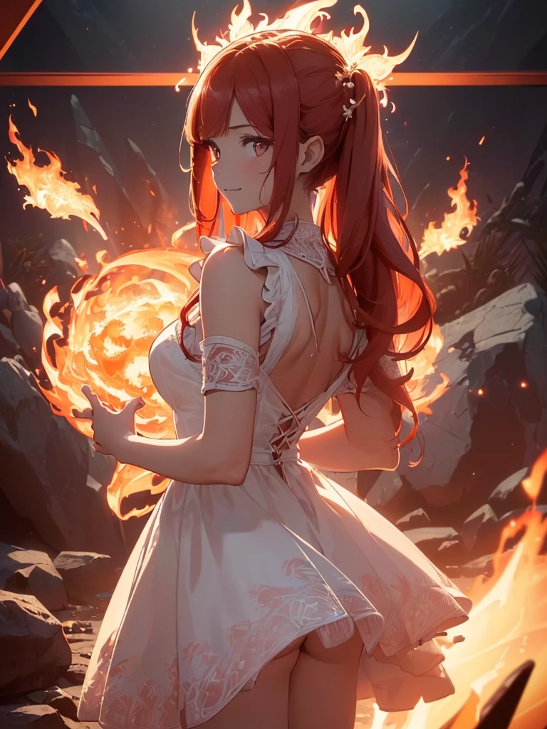 (((best quality, sharp image, clear image, cinematic lighting, 8k resolution, masterpiece, ultra detailed, intricate))) Girl, (((looking over left shoulder))), (shot from behind), ((half shot)), fiery red hair, pigtails, ((white dress)), ((flaming sigils, flaming runes)), spiky rock formations, (flaming lotus flowers frame), (intricate background), ((Phoenix)), (swirling flames), smiling