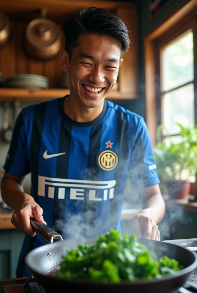 real photo. young man Indonesian face. wearing an Inter jersey, the expression was laughing out loud. is sautéing kale vegetables in the pan. kitchen atmosphere. real life Ultra-realistic 8K photograph, shot with a Leica Q2, strong color contrast and sharp clarity --ar 9:16 --quality 2 --
