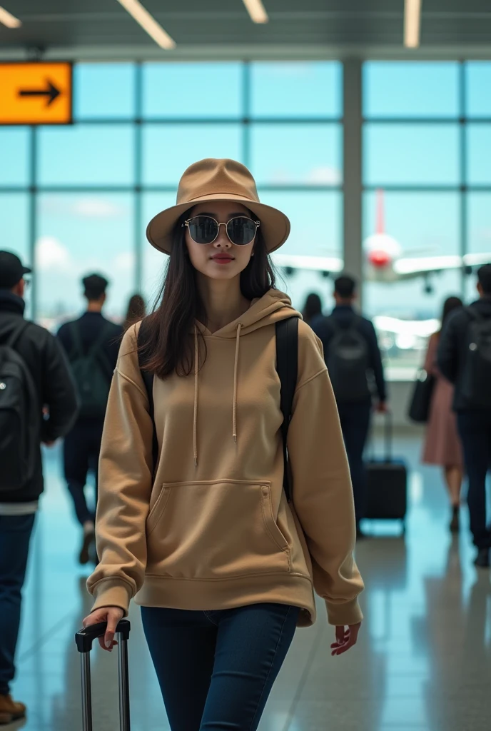 A Korean woman wears a hoddy and wears a front hat and wears glasses and is walking in the airport with a suitcase