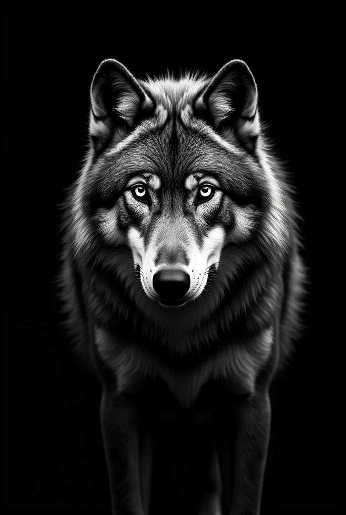 An art portrait of an animal in black and white, with background of completely black