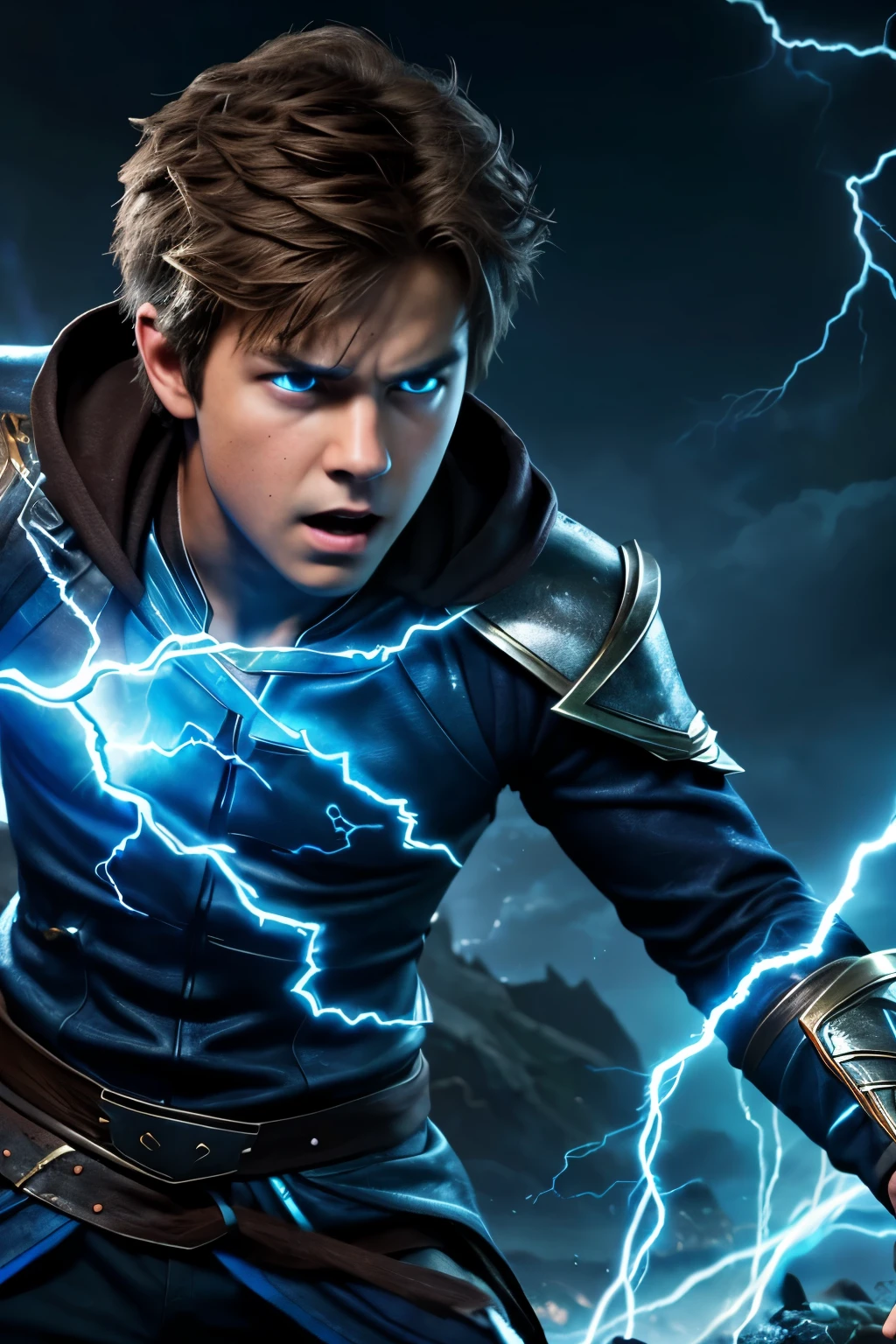 A teenage boy, brown hair, blue lightning around his body, both eyes are blue, wearing sorcerer clothes, angry face, blue lightning in the background, (extremely detailed CG unified 8k wallpaper), highly detailed, masterpiece, (HDR)(wallpaper) (Film lighting)(Sharp focus), (extremely detailed CG unity 8k wallpaper), (best quality)