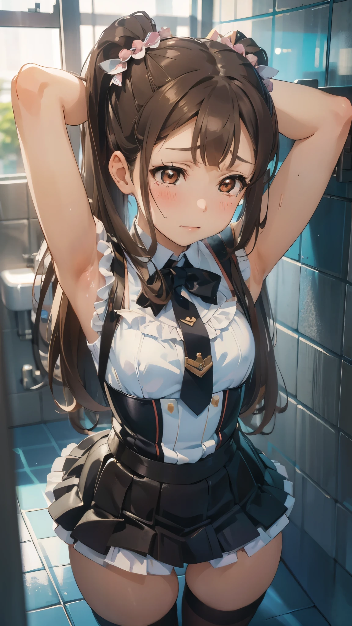 (nsfw:1.2), A young girl in a sexy idol costume shows off her armpits in a public toilet, Embarrassed and crying bitterly。squatting, Arms tied above the head, (Both legs are spread in an M-shape:1.2), very long hair, long hair, low ponytail, medium breasts, miniskirt, idolmaster, embarrassed, (crying very hard:1.2), sad face, cute round face, loose socks, brown hair, brown eyes, long hair, twintails, hair ornament, Shiretoko Rin, idoldress, LLChar, sleeveless, frilled sexy gorgeous costume, low angle, public restroom,