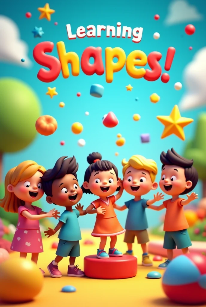 Create a vibrant 3D rendered thumbnail featuring a fun and engaging scene for a children's educational video about learning shapes. The image should include:
A diverse group of animated children (different genders and ethnicities) actively interacting with various shapes.
Colorful, oversized shapes (like circles, squares, triangles, and stars) floating around the children, making them look like they are playing with or learning about them.
A cheerful, playful background with bright colors and perhaps some simple, whimsical elements like clouds or stars.
Bold, easy-to-read text at the top or bottom of the image saying "Learning Shapes!" in a playful, kid-friendly font.
Make sure the overall style is bright, engaging, and appealing to a young audience.
Resolution must be 1080p in hight and 1920p width it will be used as YouTube thumbnail