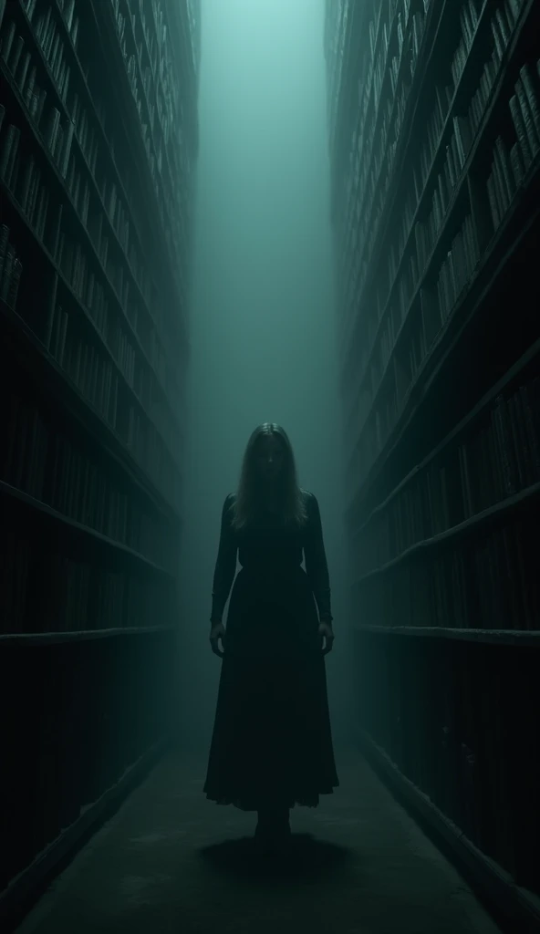 "The library is now pitch black, with the door and Emily no longer visible. In the darkness, the only thing that can be seen is the ghostly face of the woman, her hollow eyes staring out from the shadows. The atmosphere is heavy with dread, and the library feels like it's closing in."