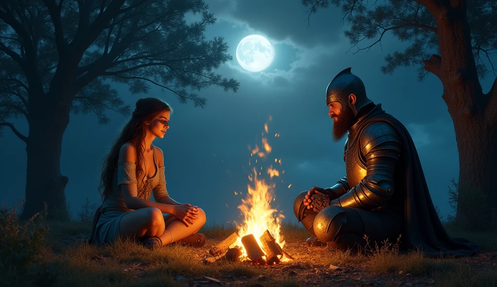 Draw a picture of two people:a blindfolded in your eyes woman and a
men knight helmet, sitting by a fire at night in a forest. fantasy, middle-earth, draw,