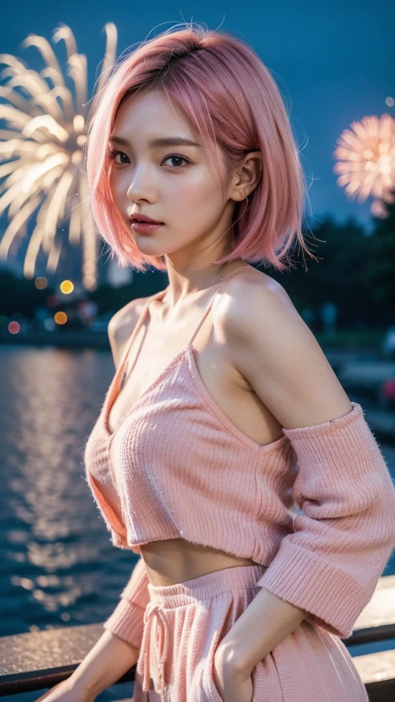 Model actress、One Woman、cool、Japanese and half European、Close-up of face、30 generation beauty、Realistic Skin、4K images、bright pink hair、Short Hair、The background is blurred fireworks.、night、Summer clothing