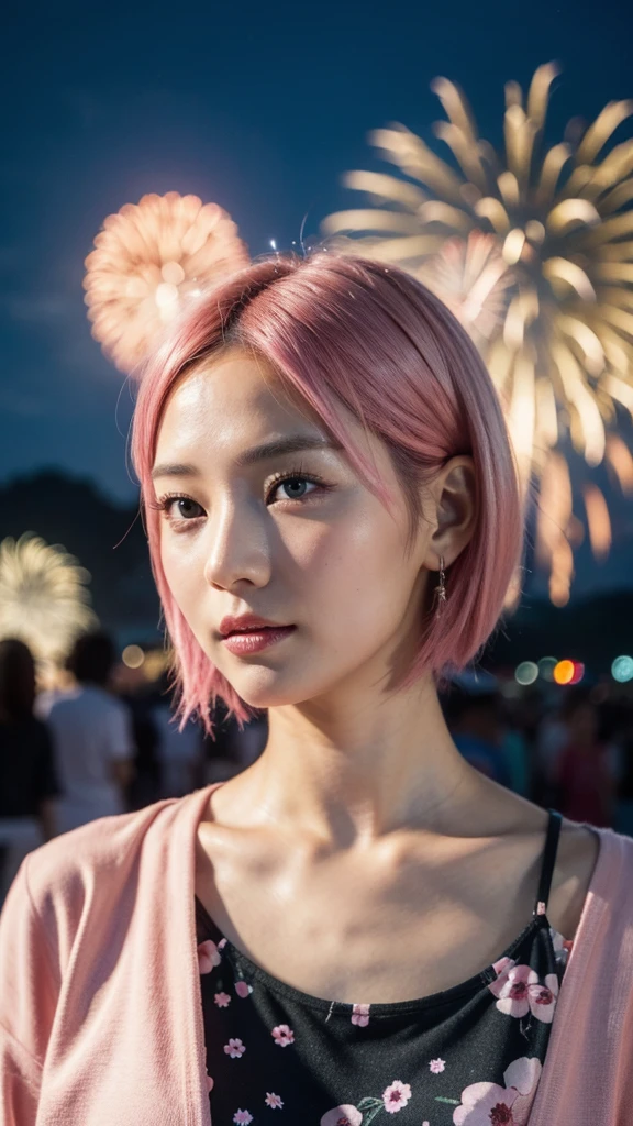 Model actress、One Woman、cool、Japanese and half European、Close-up of face、30 generation beauty、Realistic Skin、4K images、bright pink hair、Short Hair、The background is blurred fireworks.、night、Summer clothing