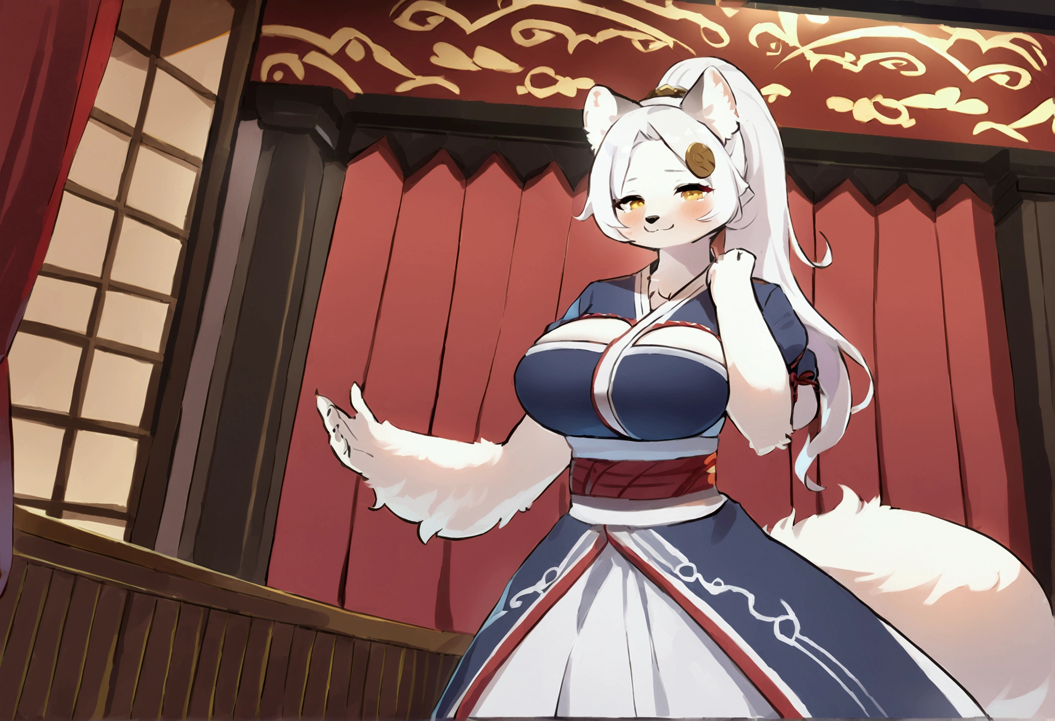 top quality, best quality, High-quality illustrations, masterpiece, 16k, 1080p, uploaded on e621)(kemono, furry, anthro, alone), round, 1 female, hot mother figure, very detailed body face and eyes, white ferret, Hanazono Chiyuki, (Sdorica), white fur, fluffy, big breasts, tail, perfect eyes, yellow eyes, white ponytail hair, beautiful japanese dress, theatre, scene, body movement, body twitching, shy smile, red blushing,